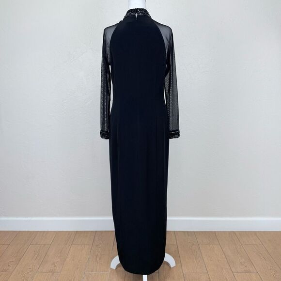 Vintage Black Tie Oleg Cassini Dress w/ Sheer Long Sleeves Beaded Detail Maxi - Picture 4 of 16